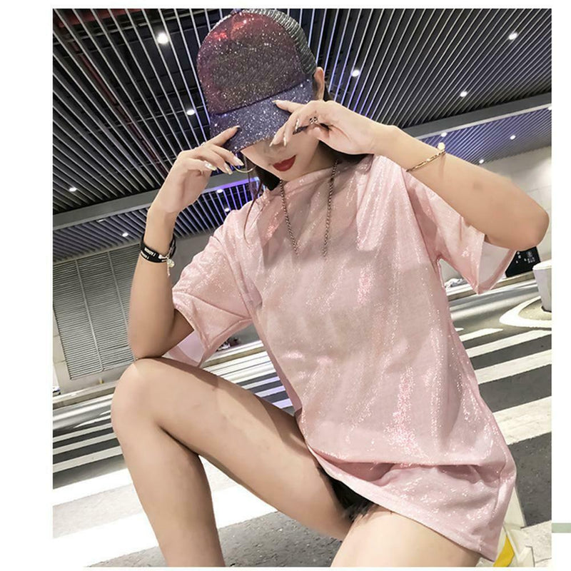 Fashion Women Bling Solid Short Sleeve Loose T-Shirts Long Tops (Pink XXL)