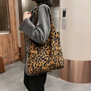 Women Corduroy Handbag Animal Print Big Capacity Shoulder Bag (Leopard)