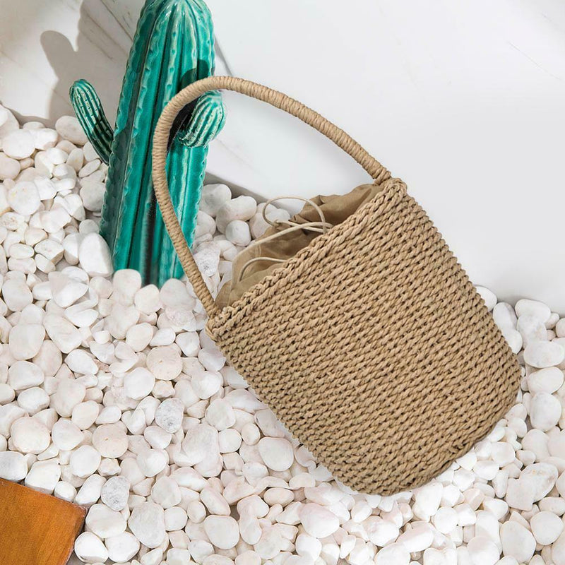 Straw Weaving Shoulder Bucket Handbags Women Top-handle Bags (Light Brown) A