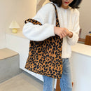 Women Corduroy Handbag Animal Print Big Capacity Shoulder Bag (Leopard)