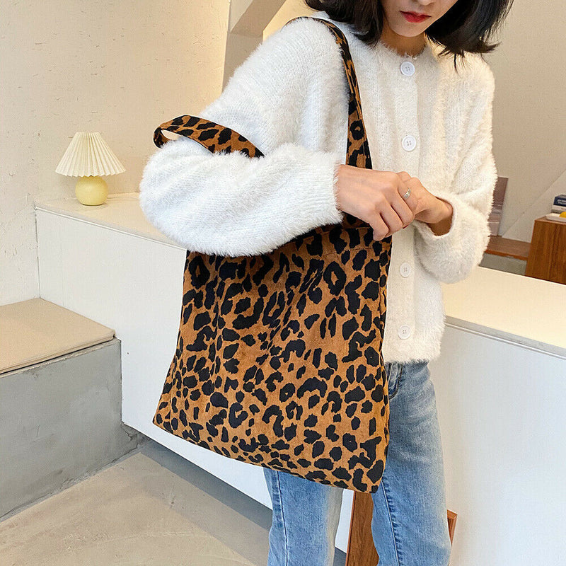 Women Corduroy Handbag Animal Print Big Capacity Shoulder Bag (Leopard)