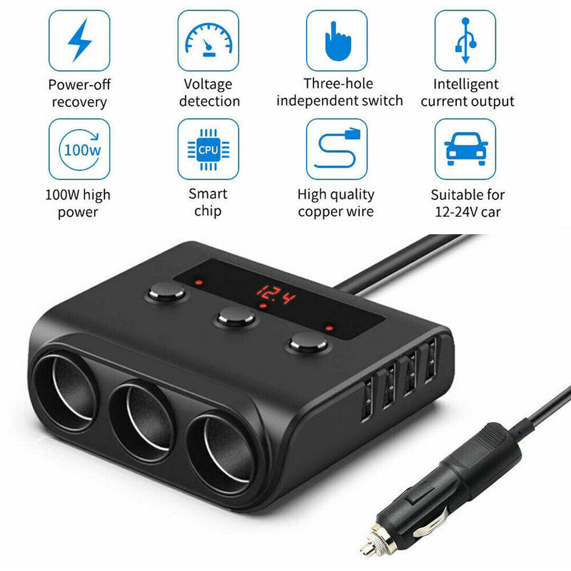 12V 3-Way 4 USB Car Cigarette Lighter Socket Splitter Charger Power Adapter New