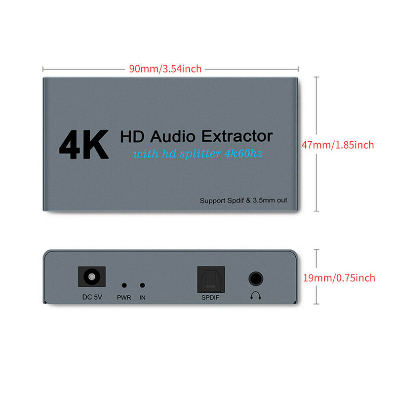 4K HD Splitter Audio Extractor 1 IN 2 OUT HDMI to Optical Spdif Video Extractor