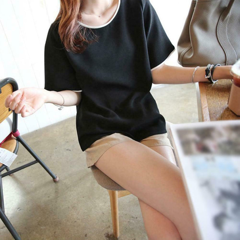Women Bottom T-Shirt Solid Color Half Sleeve O-neck Tee Shirt (Black L)