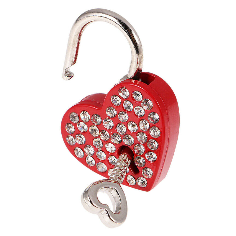 3 Pieces Diamante Heart Shape Padlock With Key Travel Locker Set Pendant Red