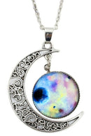 Women Galactic Glass Cabochon Pendant Crescent Moon Necklace(Color numbers: O2J8