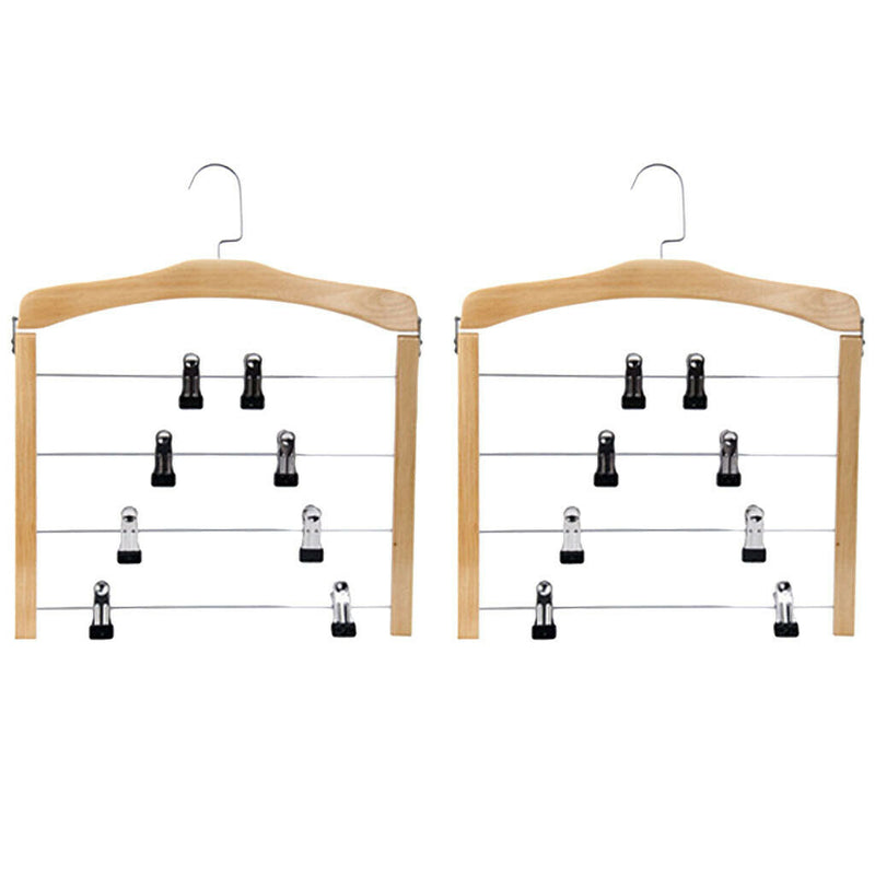 2PCS WOODEN 4 LAYER PANTS HANGER CLOSET SKIRT JEANS SLACK HANGERS STORAGE RACKS