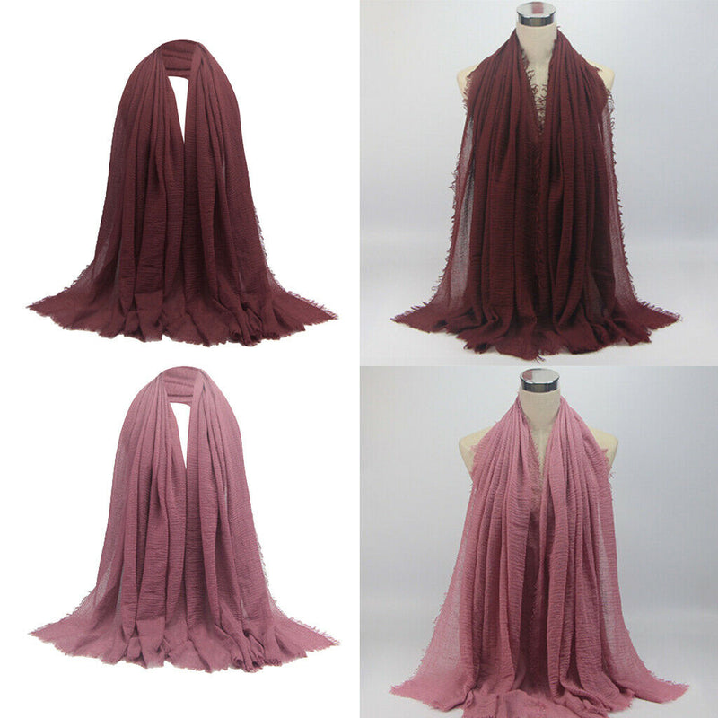 2pcs Womens Elegant Cozy Cotton Long Scarf Solid Pleated Hijab Headscarf