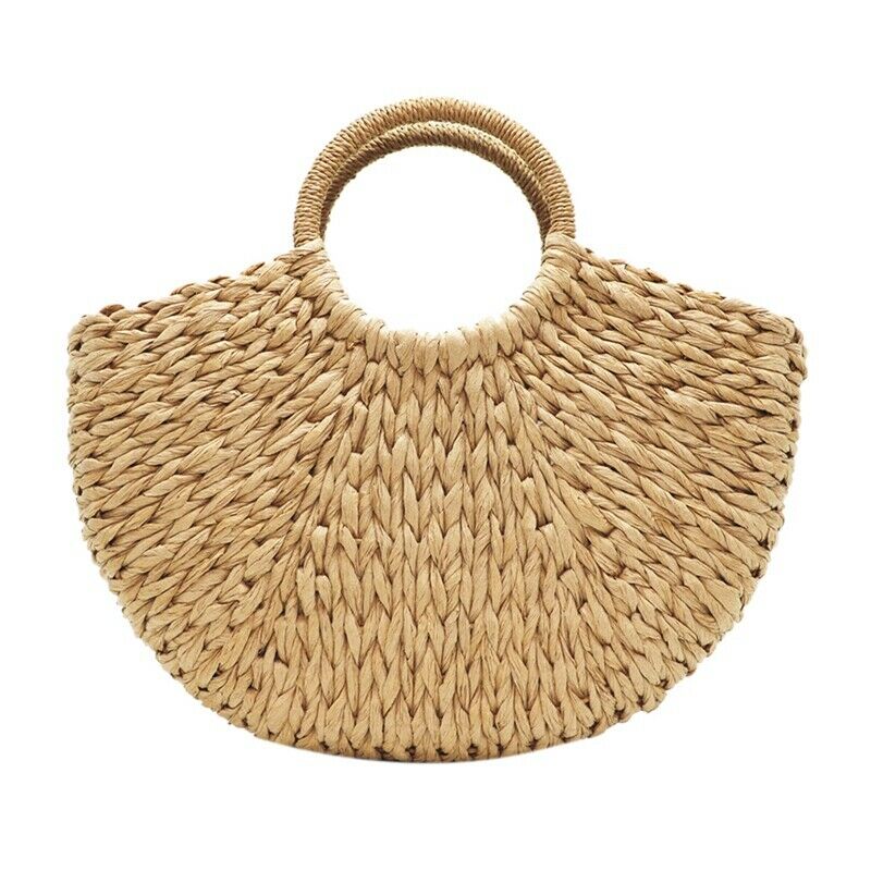 Handmade Beach Bag Round Straw Totes Bag Large Bucket Summer Bags Women Nat F2J7