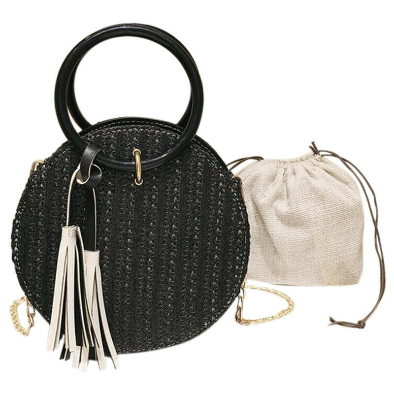 Women Handmade Round Beach Shoulder Bag Circle Straw Bags Summer Woven Ratt Q5V8