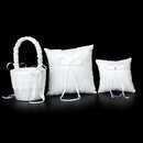White Satin Lace Embellished Wedding Flower Girl Basket w/ Rhinestone Love Heart