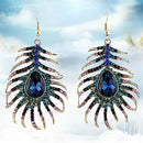 Women Charm Rhinestone Peacock Feather Shape Statement Hook Dangle Earring Delux