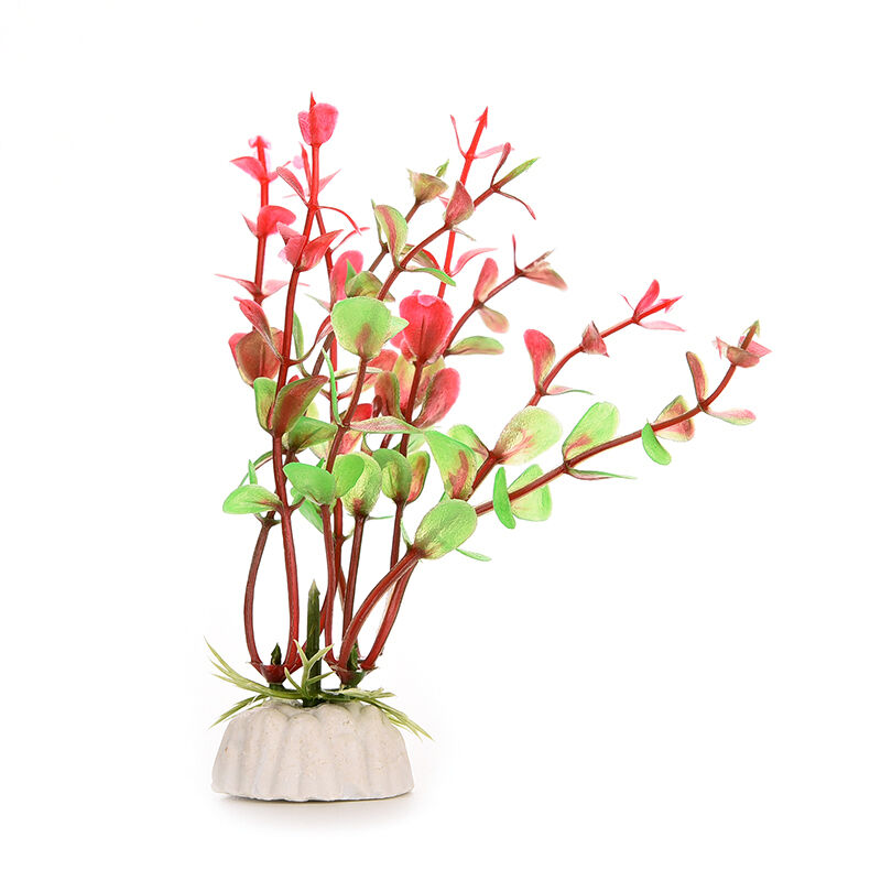 Red Green Plastic Plant Decor & Ceramic Base for Fish Tank Aquarium JBTOCA