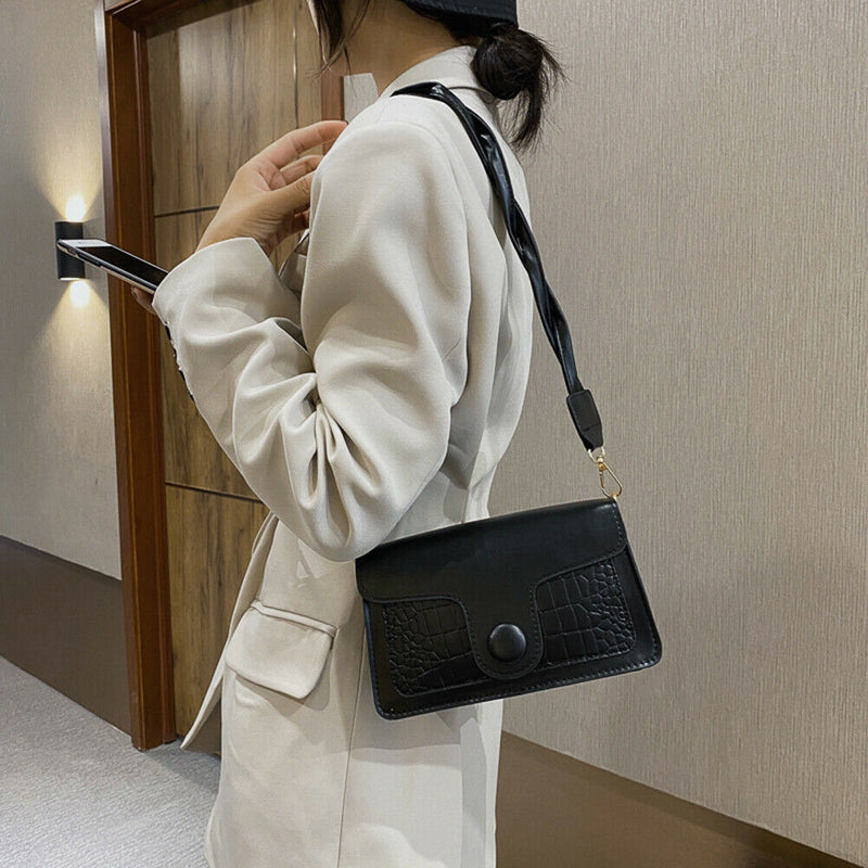 Retro Alligator PU Women Handbag Braid Strap Solid Shoulder Bags (Black)