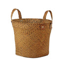 Natural Round Straw Basket Bin Handmade with Handgrip Orange 33X21X26cm B5O4
