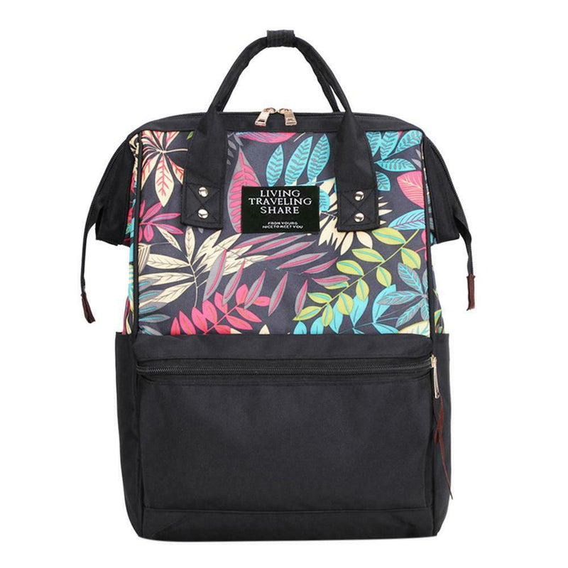 Tropical Plant Print Travel Big Backpacks Nylon Women School Bags (Black)