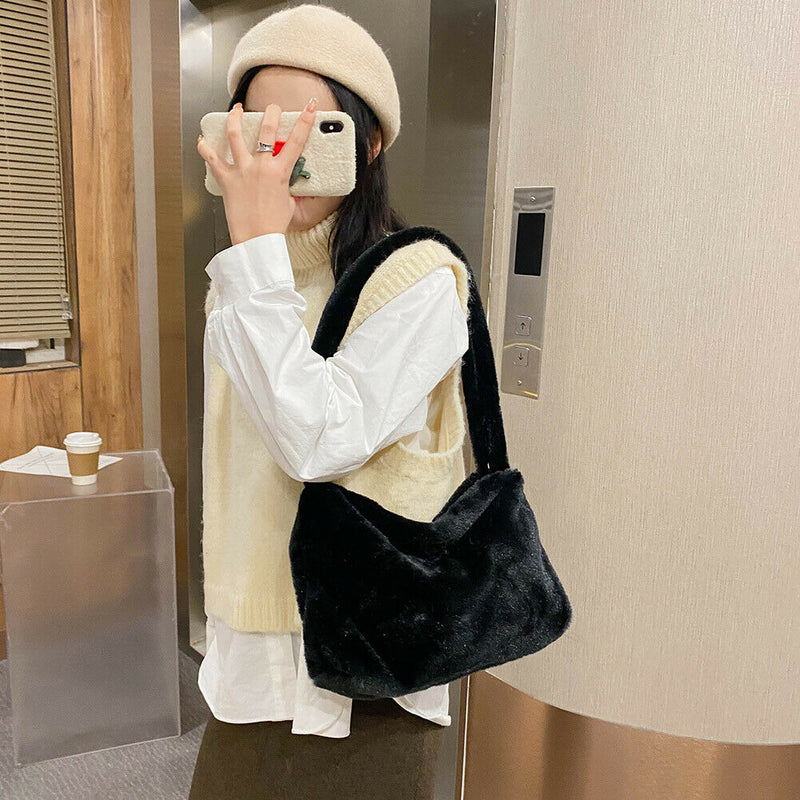 Animal Pattern Shoulder Underarm Bag Women Plush Top-handle Handbag (5)