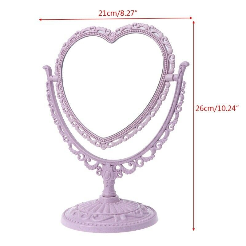 Beige Makeup Mirror Heart Shape Rotatable Stand Table Compact Mirror Plasti O8D7