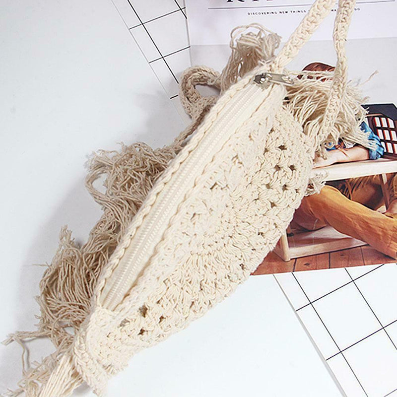 Woven Tassel Shoulder Handbags Women Round Knit Beach Crossbody Bag (White)