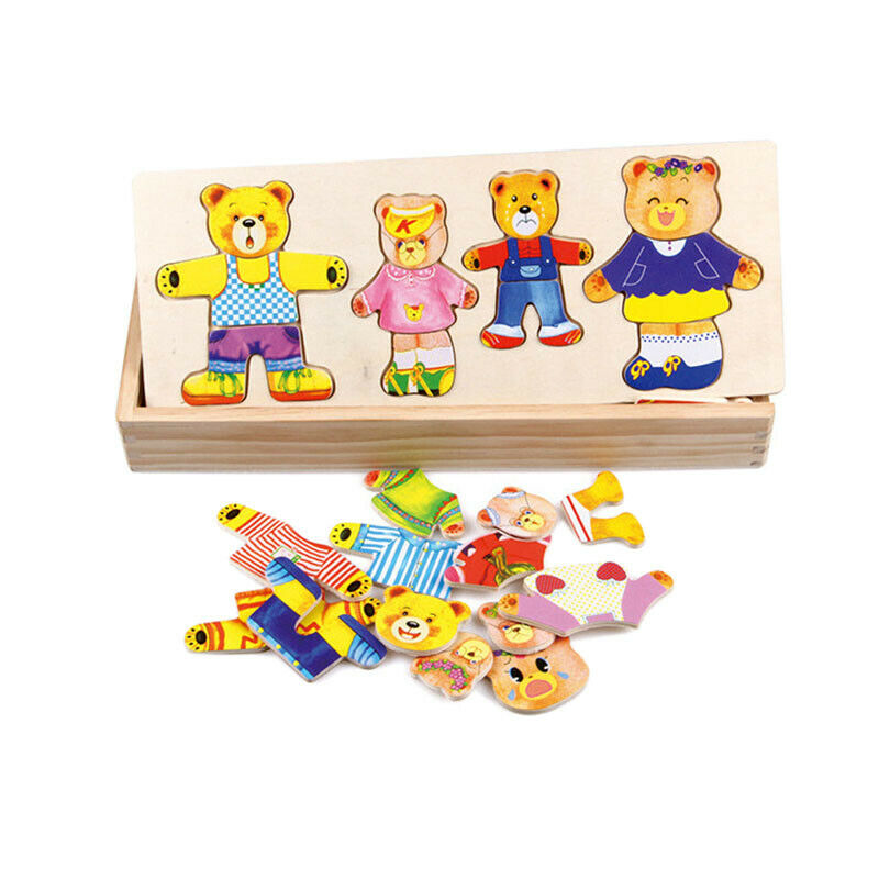 Wooden Baby Child Bear Changing Clothes Male Girl Baby Puzzle Three-Dimensi D7F4