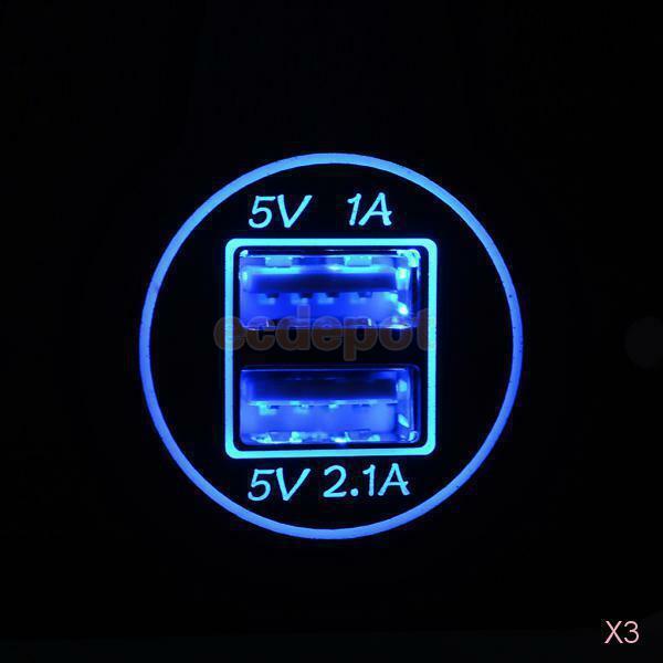 3x 5V/3.1A Blue LED Dual-USB Power Supply Socket for 12V-24V Car Motorcycle SUV