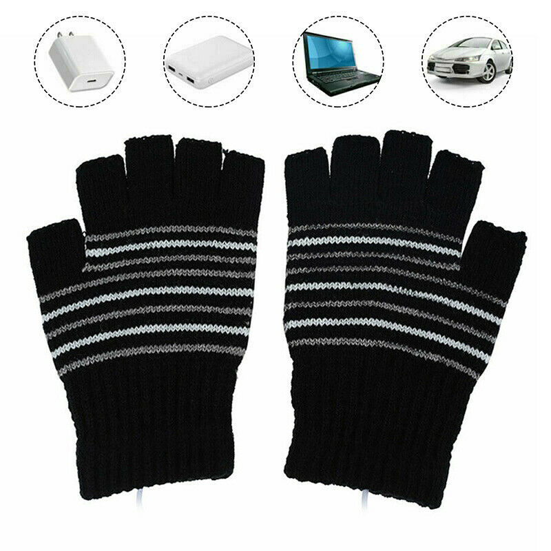 Unisex 5V 1 Pair Winter Knitted USB Electric Heat Thermal Gloves Black & White