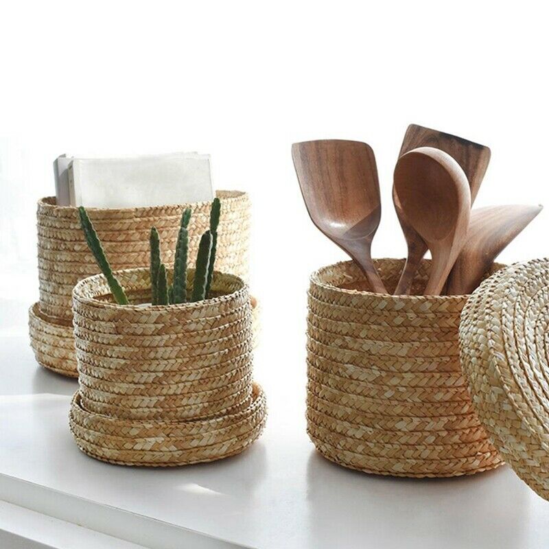3 Pcs/Set Handmade Straw Woven Storage Basket With Lid Snack Organizer Stor B9S3