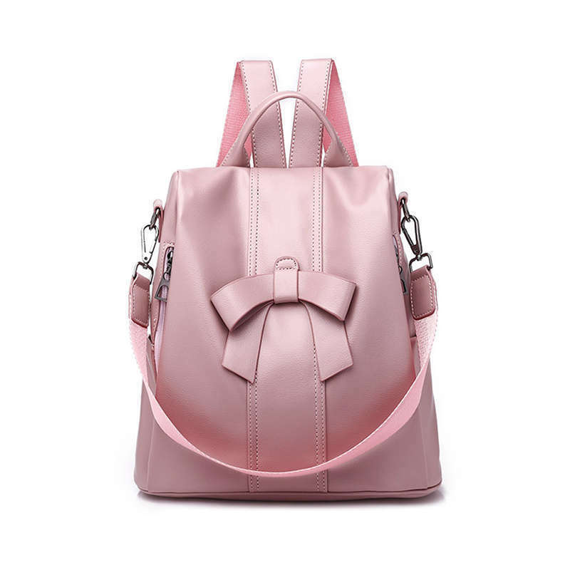 Women'S Shoulder Backpack Soft Leather Sweet Lady Bow Casual Travel Backpac U5E6