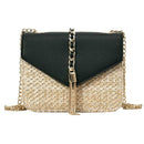 Straw Leather Women Messenger Bag Small Flap Purse Shoulder Handbag (Black)