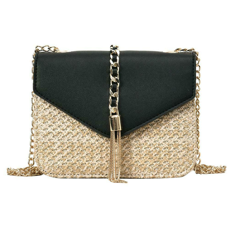 Straw Leather Women Messenger Bag Small Flap Purse Shoulder Handbag (Black)