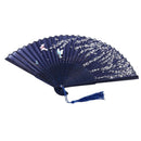 Folding bamboo lace hand fan, dark blue butterfly and white flower