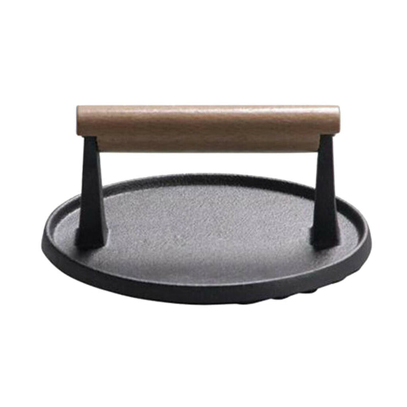 1x Professional BBQ Steak Meat Grill Press Cast Iron W/Wooden Handle