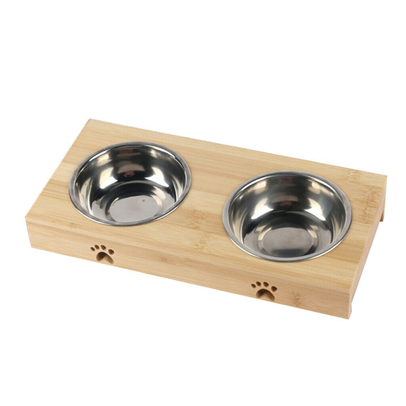 Raised Pet Bowls for Cats Dogs Bamboo Elevated Pet Feeder Stainless 2 Bowls