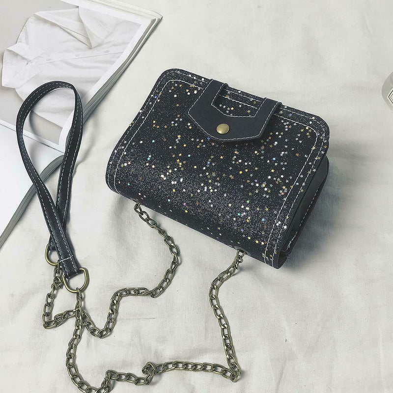 Sequins Bags Leather Splicing Women Shoulder Crossbody Square Bag (Black) A