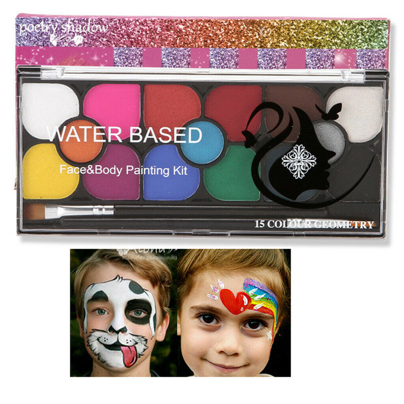 15 Color Non Toxic Face Paint Palette Adults Kids Painting Brush Art Fancy Dress