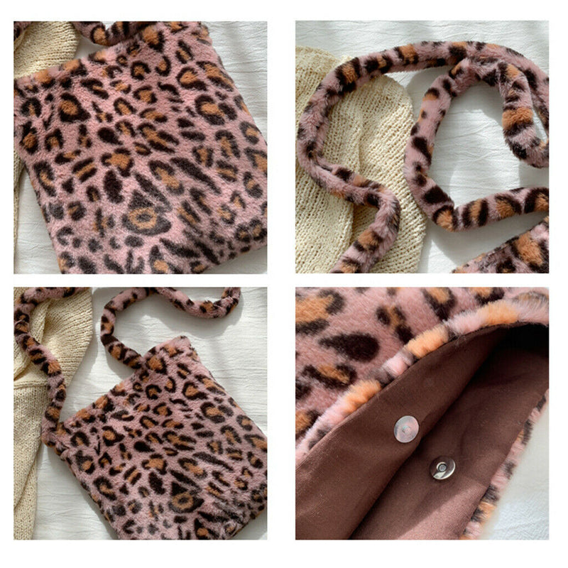 2x Plush Leopard Print Shoulder Bag for