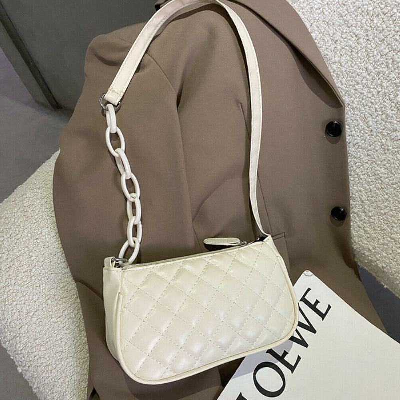 Fashion Lattice Pattern Women Handbag Chain Shoulder Underarm Bag (White)