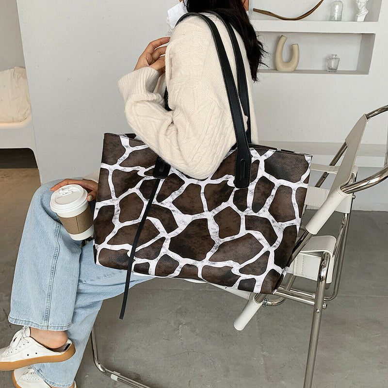 Women Leopard Handbags Fashion PU Leather Large Capacity Shoulder Tote Bag