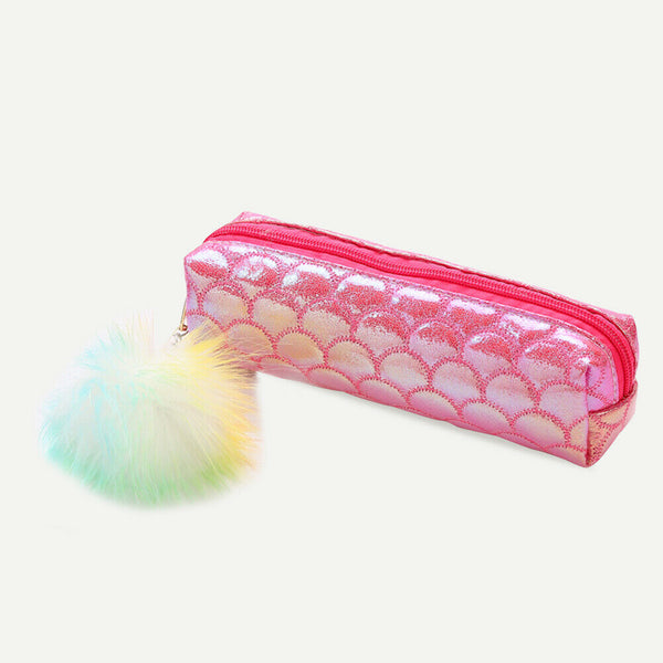 Fish Tail Sequin Pencil Case PU Pompom Pencil Bag School Stationery (Red) A#S