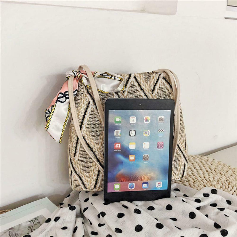 Silk Decor Shoulder Handbags Straw Women Top-handle Shopping Totes (Beige) A