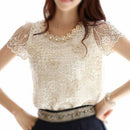 Summer Women Chiffon Shirt Lace Tops Beading Embroidery O-Neck Tops Blouse