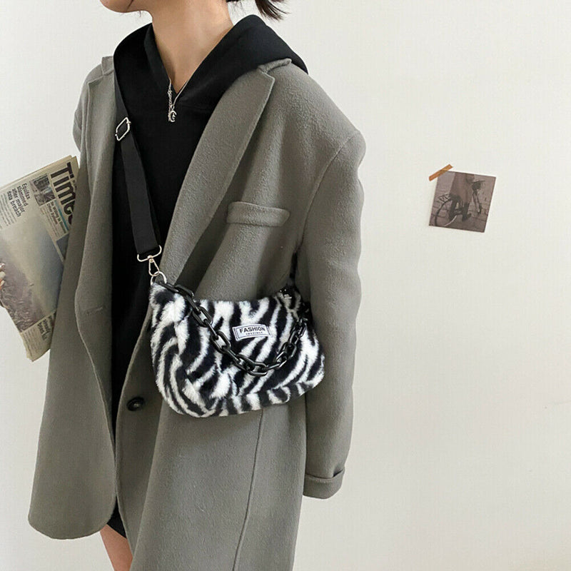 Fashion Zebra Print Shoulder Handbag Women Chain Travel Tote Messenger Bag