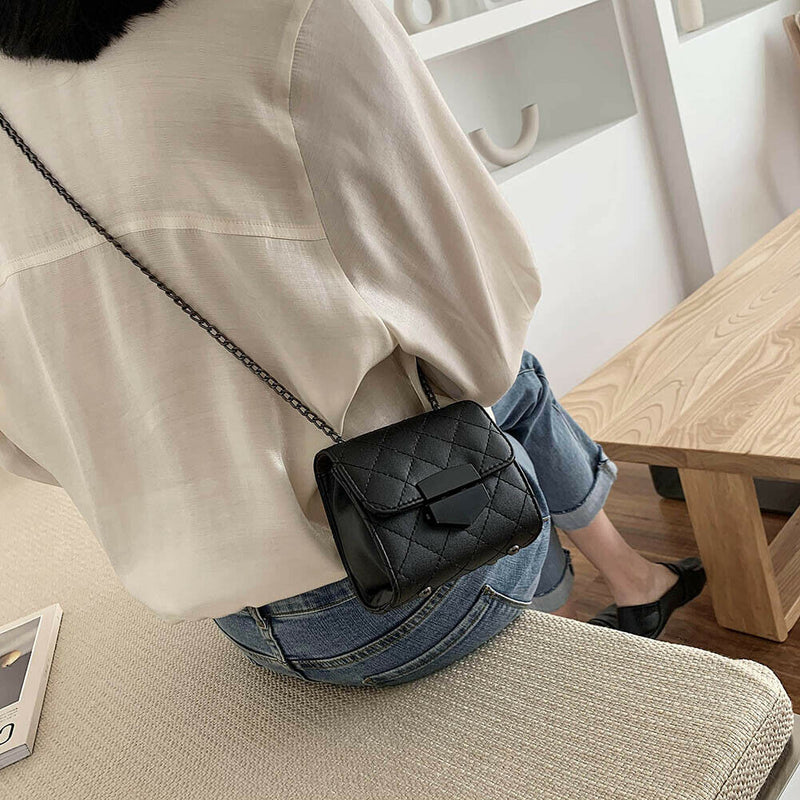 Women PU Leather Messenger Bag Chain Small Shoulder Satchel Bags (Black)