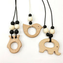 2pcs Natural Wood Teether Safe Wooden Cartoon Animal Baby Teething Rings