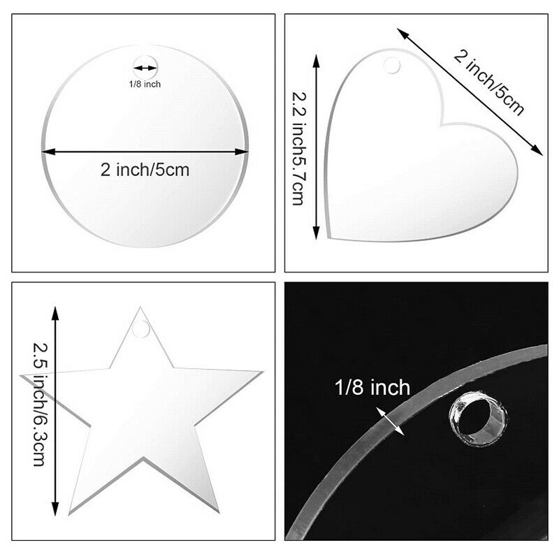 DIY 24Pcs Transparent Acrylic Keychain Blank Star Heart Circle Discs+Tassels #