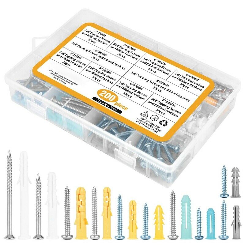 Plastic Self Drilling Drywall Ribbed Anchors Assortment with Screws Kit 200 T9G9