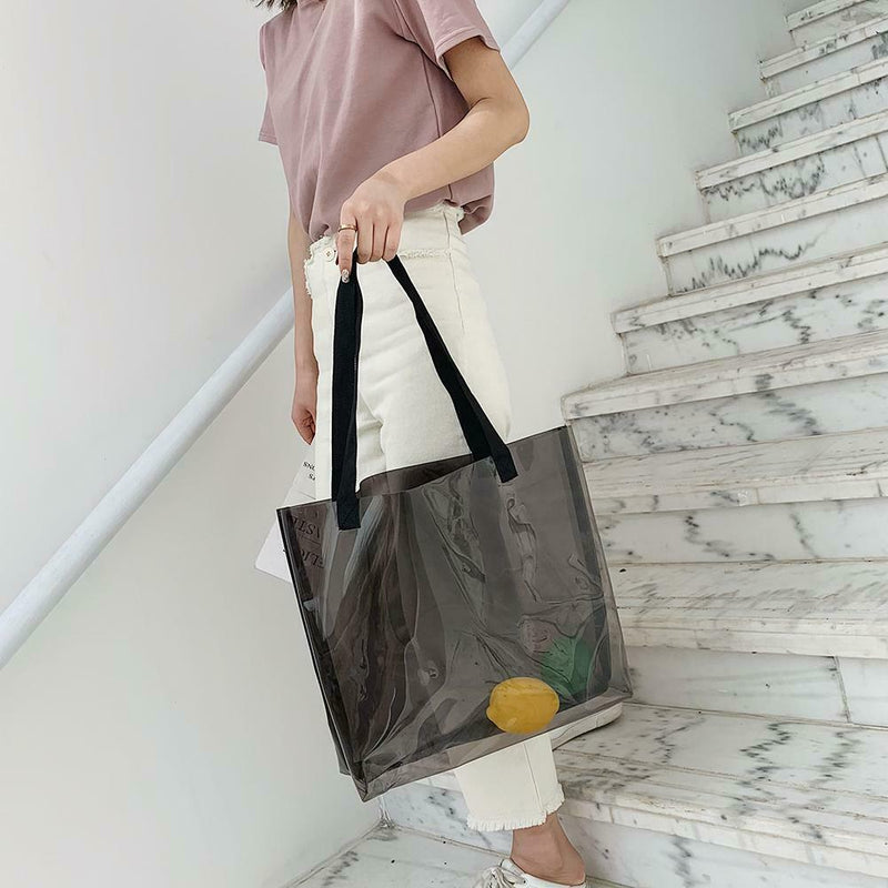 Clear PVC Transparent Shopping Bag Shoulder Handbag Lady Travel Tote (Grey)