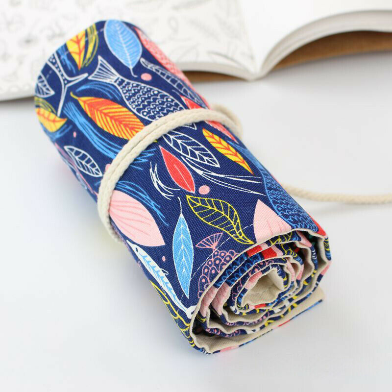 Colored Fish Canvas School Pencil Case 72 Holes Roll Pencil Case Large Pen  B8H5