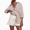 Long Sleeve Blouse Women Turn Down Collar Plain Cardigan Tops (Khaki XL) A
