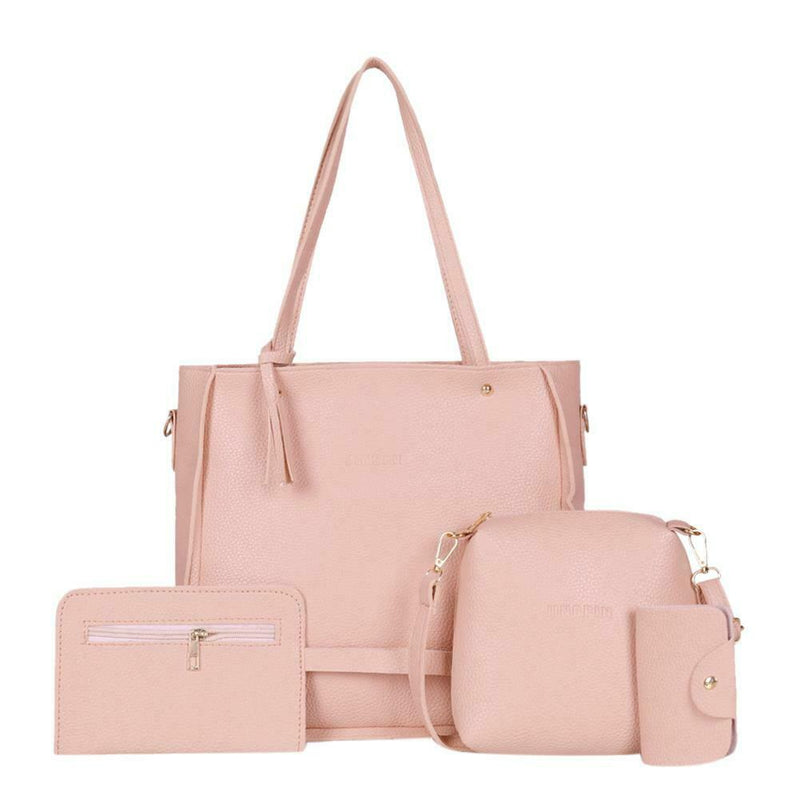 4pcs/set Litchi Pattern Women Shoulder Bags Clutch Totes Card Holder (Pink)